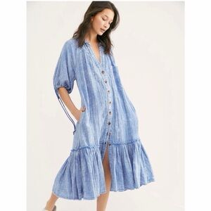 Free People Maya Midi Button Down Shirt Dress in Light Washed Blue